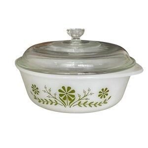 GLASBAKE 1.5Qt Covered Casserole Dish Vintage White Milk Glass Green Daisy Dream